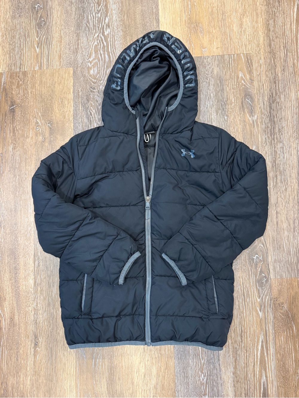 Under Armour Kids Black Hooded Puffer Jacket with Gray Trim